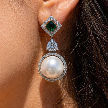Pearl Emerald Earrings Moissanite Diamond Dangle Drop Statement Cubic Zirconia Green CZ Jewelry Wedding