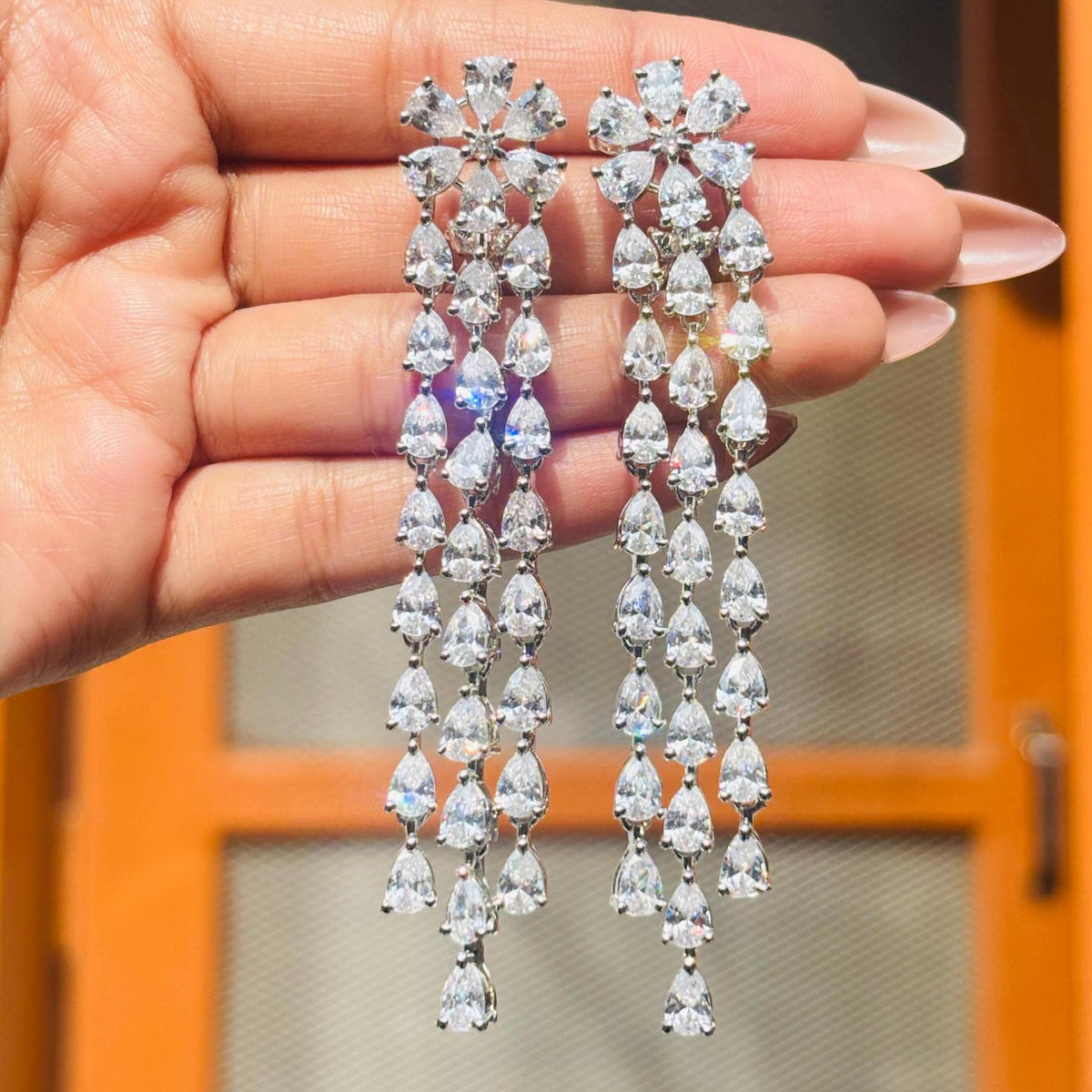Moissanite Diamond Chandelier Earrings Large Statement Huge Dangle Drop Flower CZ Bridal Wedding Jewelry