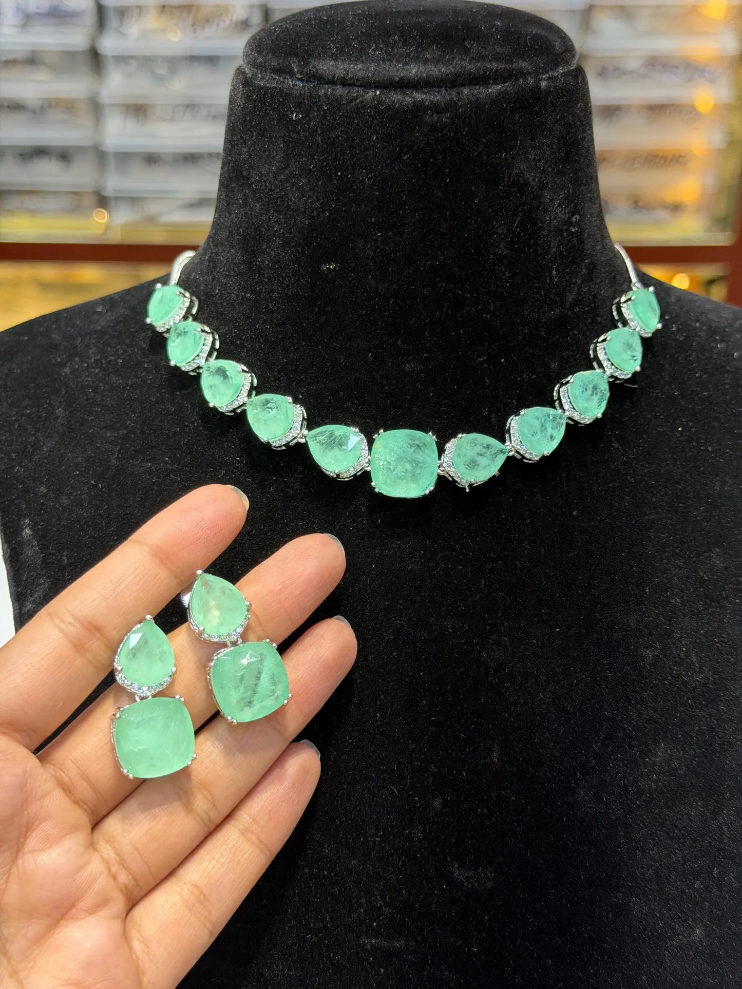 Paraiba Tourmaline Necklace Statement Tennis Moissanite Diamond Light Green Emerald Doublet Jewelry Cubic Designer Set