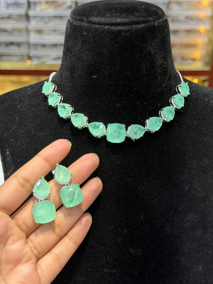 Paraiba Tourmaline Necklace Statement Tennis Moissanite Diamond Light Green Emerald Doublet Jewelry Cubic Designer Set
