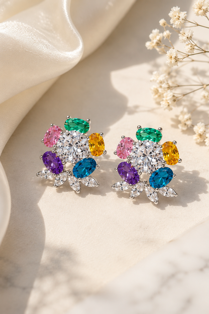 Multicolor Earrings Statement Small Studs Moissanite CZ Cubic Zirconia Mix Stone Colorful Jewelry Gift