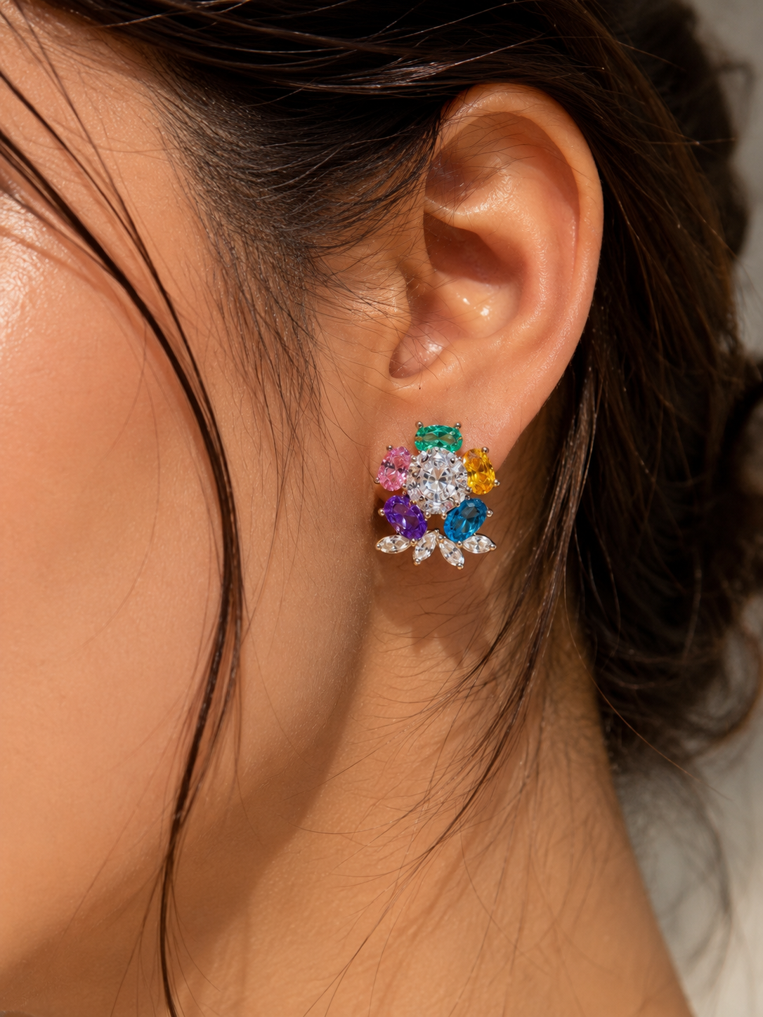 Multicolor Earrings Statement Small Studs Moissanite CZ Cubic Zirconia Mix Stone Colorful Jewelry Gift