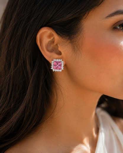 Pink Diamond Earrings Statement Small Studs Cubic Zirconia Moissanite CZ Pink Stone Jewelry Everyday